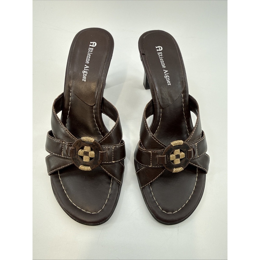 Etienne Aigner Sz 7.5 Leather Upper Brown Slide On Heels‎